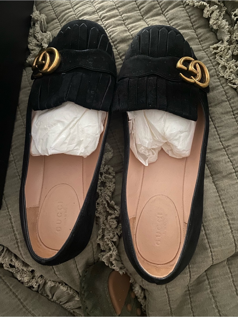 Gucci Black Velvet Fringe Loafers with Gold Double G - Picture 5 of 6